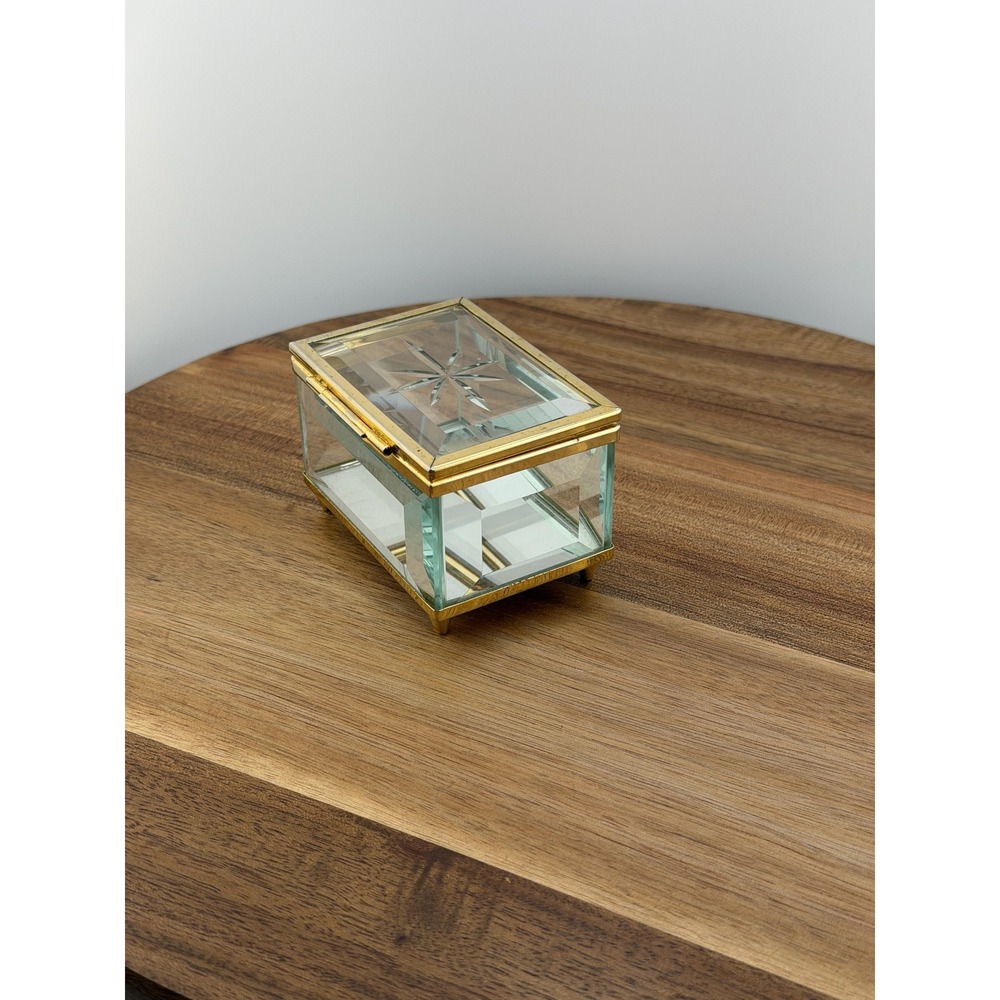 Vintage Beveled Glass Trinket Box Starburst Jewelry Box Brass Trim Pointed Feet - Picture 6 of 17